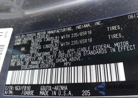 2020 Toyota Highlander L from USA, damaged, VIN 5TDCZRAH8LS508729